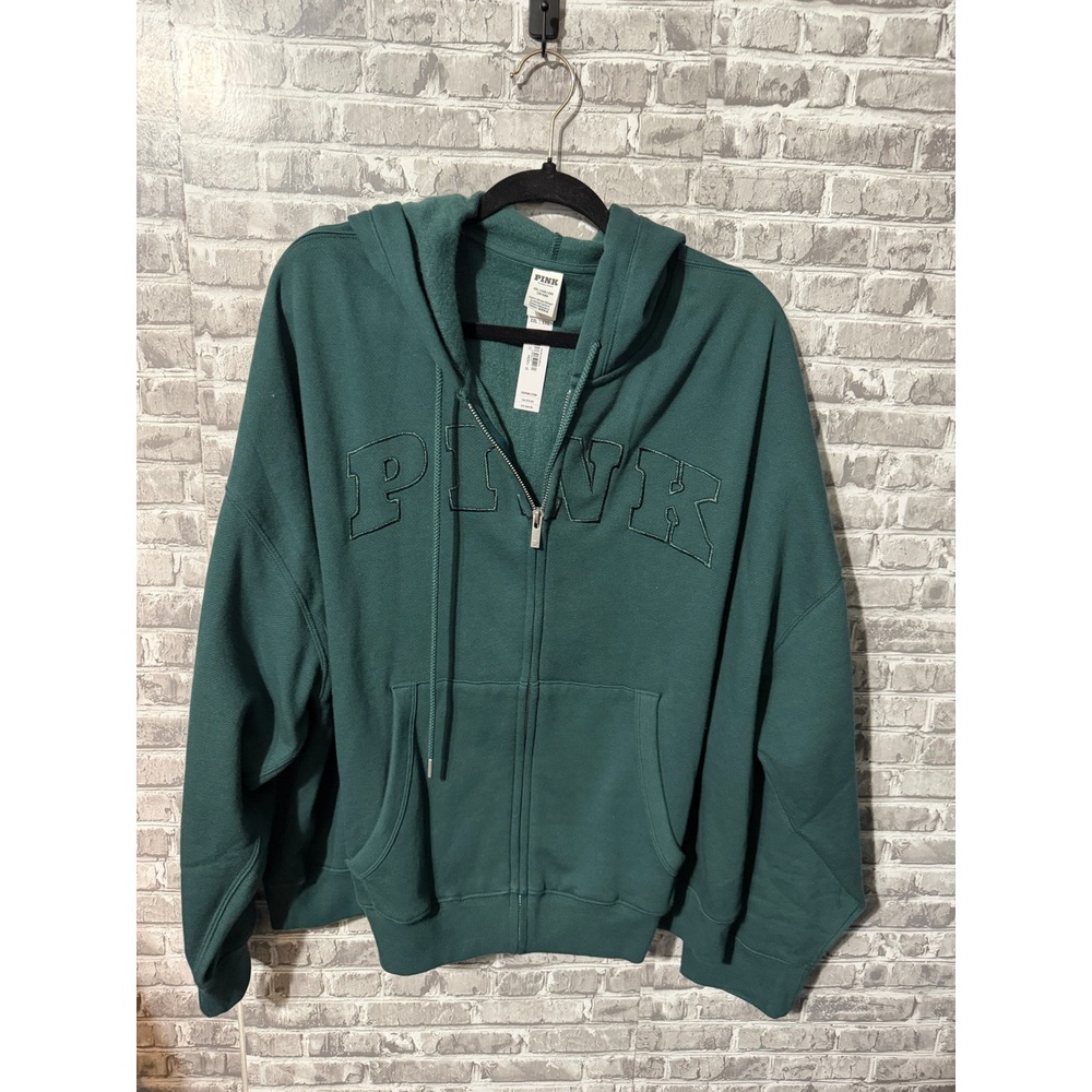 Victoria's Secret PINK Full Zip Hoodie Forest Green Varsity Logo XXL NWT